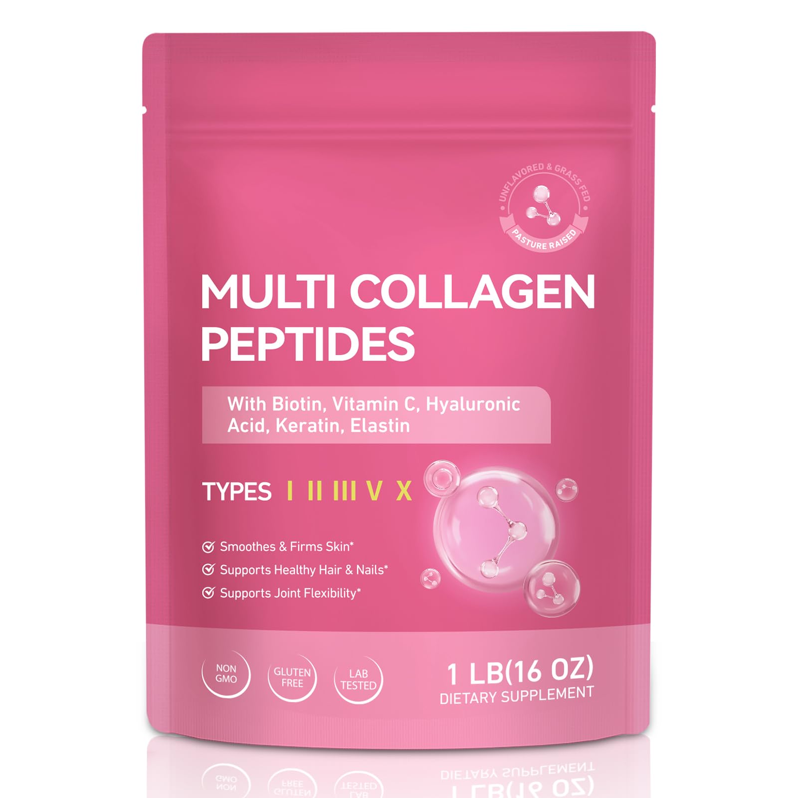 Multi Collagen Peptides Powder Types I II III V X 1 Pounds Unflavored with Biotin Hyaluronic Acid Vitamin