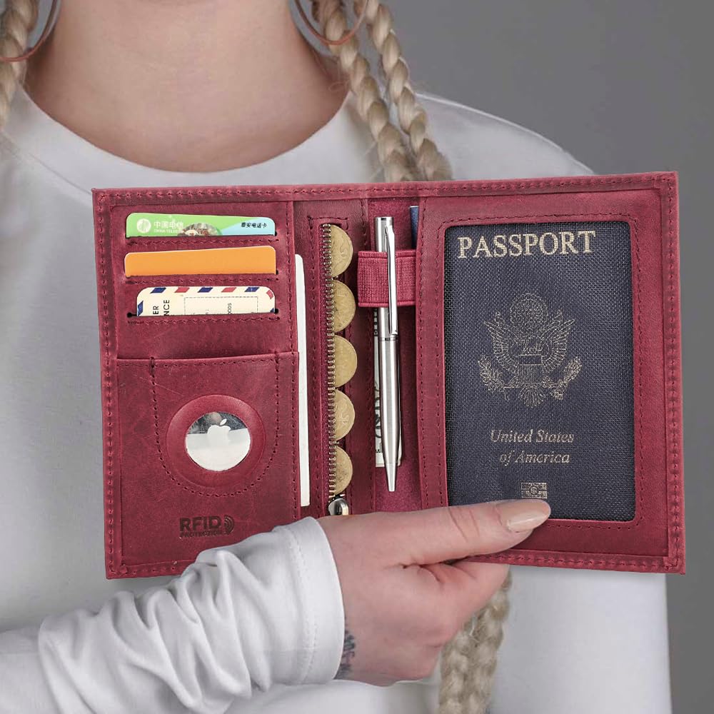 Contacts Funda delgada de piel auténtica para pasaporte Airtag, bloqueo RFID, cartera para pasaporte de viaje, Rojo vino, Vacía