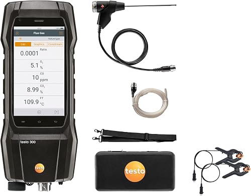 Testo 300+ Flue Gas Analyser Advanced Kit with phone-style display and probe accessories