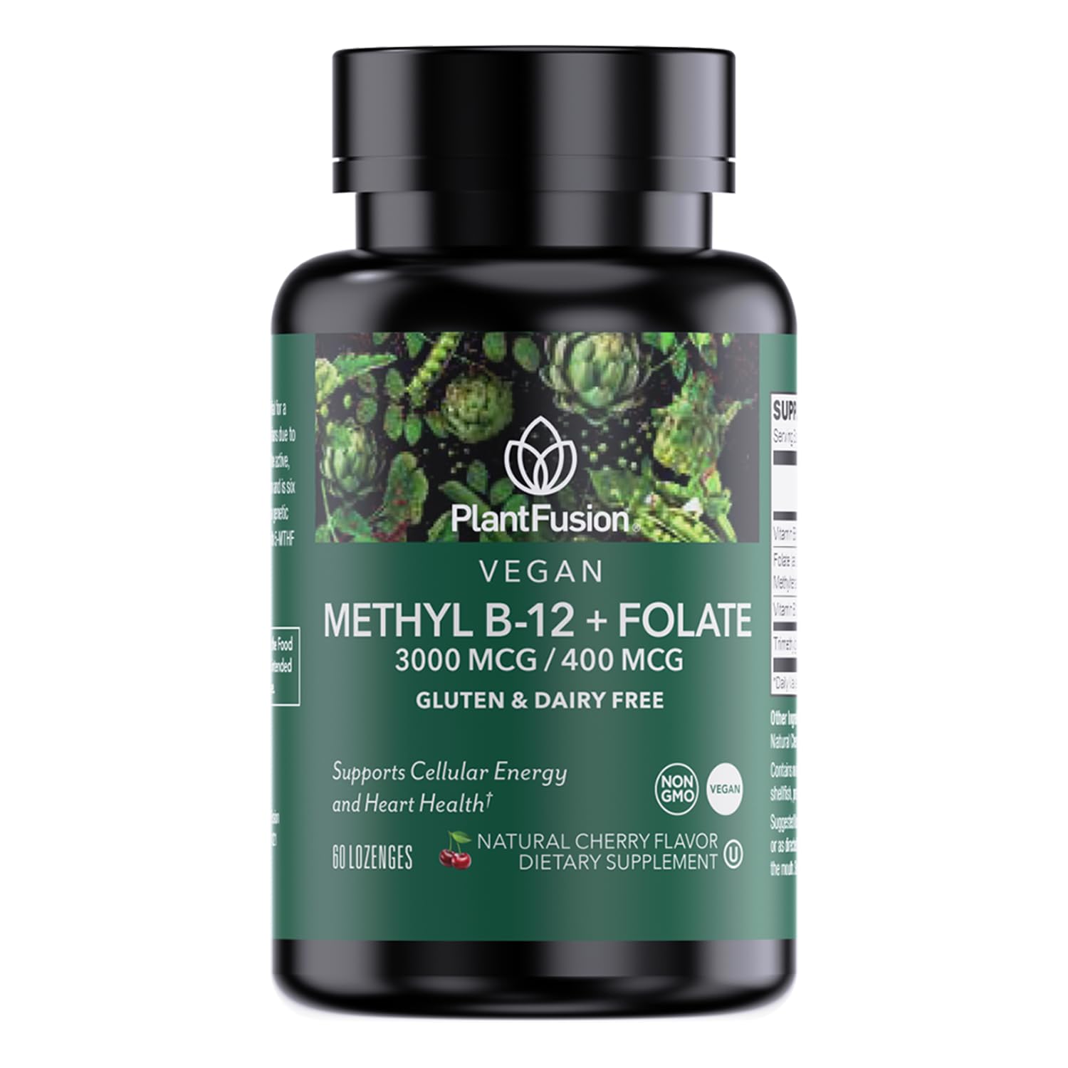 PlantFusion Vegan B12 Methyl 3000 mcg + Folate 400mcg, Cherry, 60ct Methyl B-12 + Folate