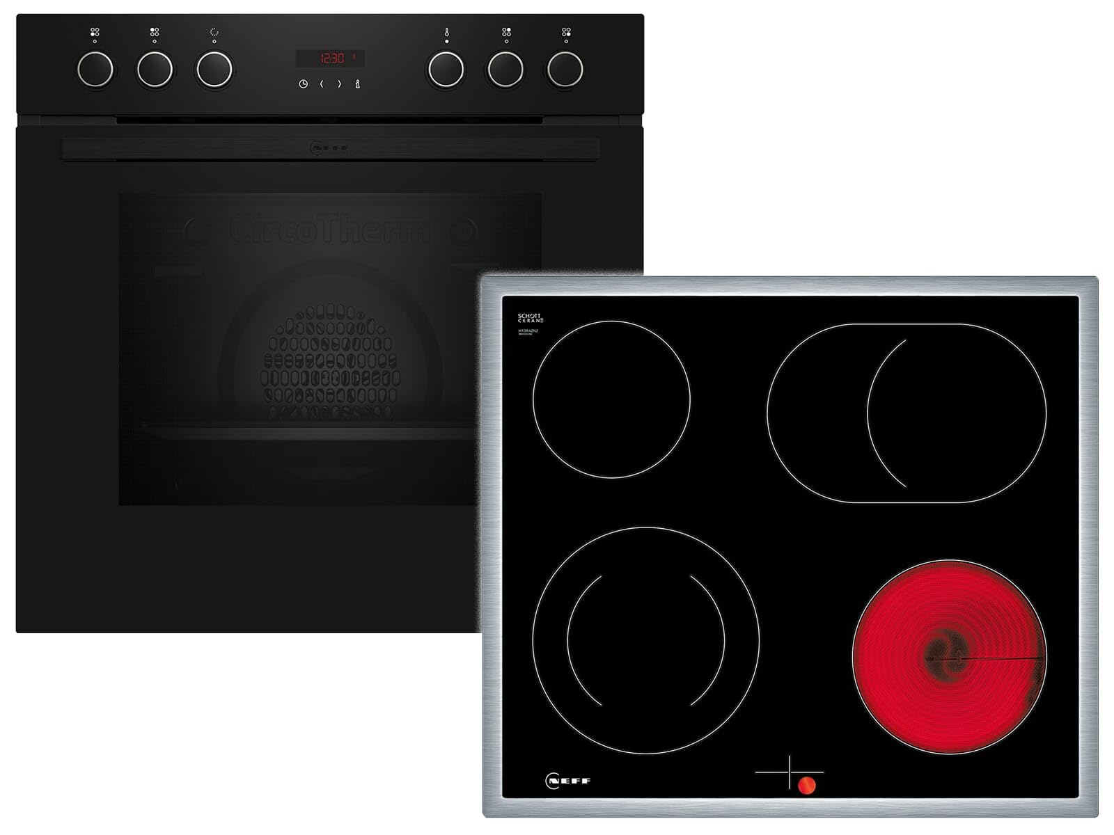NEFF EX4PB0 zestaw kuchenek, składający się z kuchenki E2CCG6AK3, 60 x 60 cm, samoczyszcząca piroliza, CircoTherm, wyświetlacz LED i M16SRF0L0 elektryczna płyta grzewcza, strefa pieczenia, rama ze