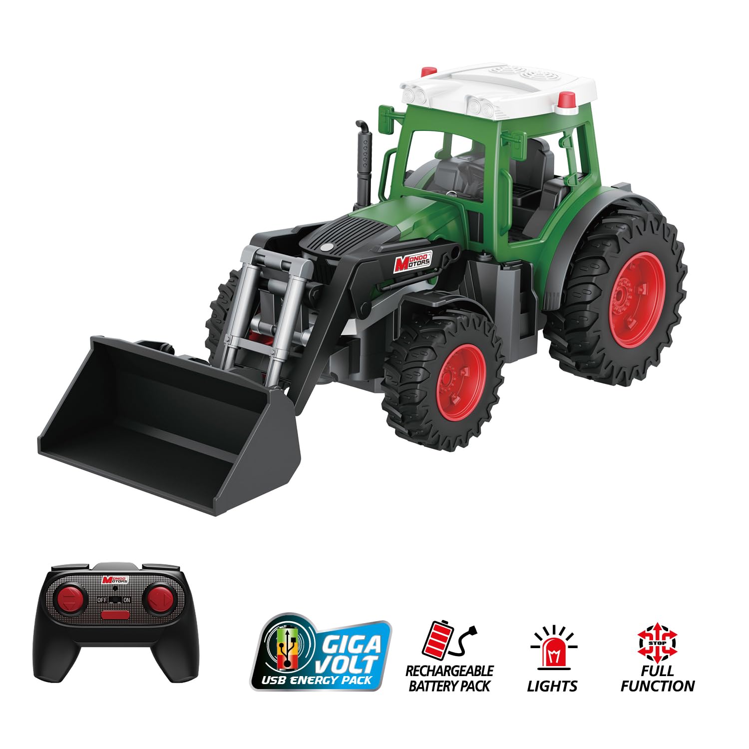 Tracteur radiocommandé Mondo Motors avec Godet, modèle à l'échelle 1:24, Batterie Rechargeable Incluse, Jouet pour Enfants 63864