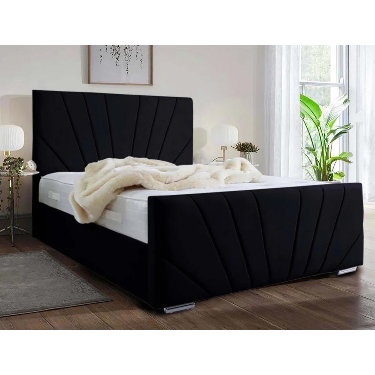 CALISMA Aurora Plush Frame 46-Inch Headboard Luxury Divan Bed with 20-Inch Footboard – Premium Velvet Finish, Soft-Touch Upholstery, Elegant Design for Modern Bedrooms (Blue) (Black, 3FT)