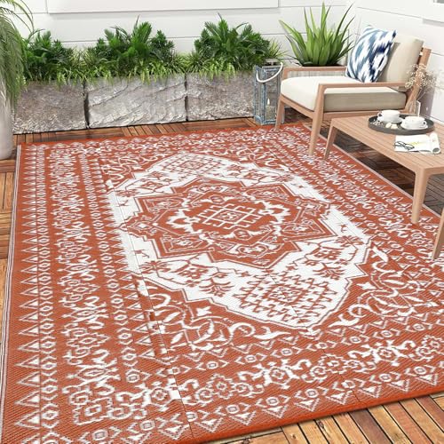 Vintage Brick Red & White Waterproof Outdoor Plastic Rug for Patio & RV Mat