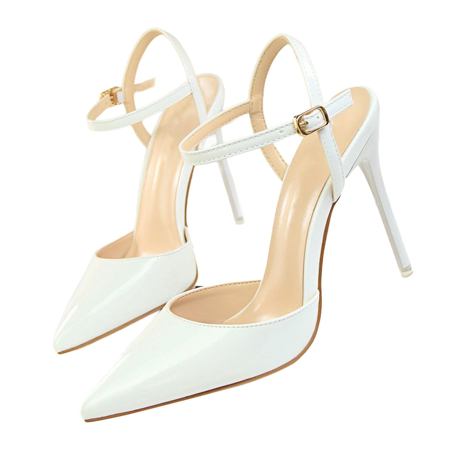 Sandali da donna con tacco, eleganti, a punta, con tacco a spillo | Sandali chiusi in pelle verniciata, con cinturino alla caviglia regolabile, scarpe da sposa per feste, discoteca, matrimoni