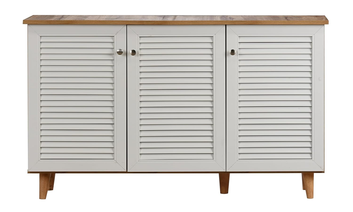 Mid-Century Modern Sideboard - 3 Door Shutter Buffet Cabinet for Dining Room - Wood Accent Storage Console with Adjustable Shelves, White-image-8