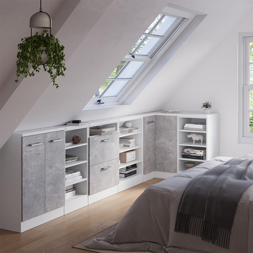 Vicco Dachschrägenschrank Rion, Weiß/Weiß, B80 x T46 cm mit 4 Fächern, platzsparend für Dachschrägen
