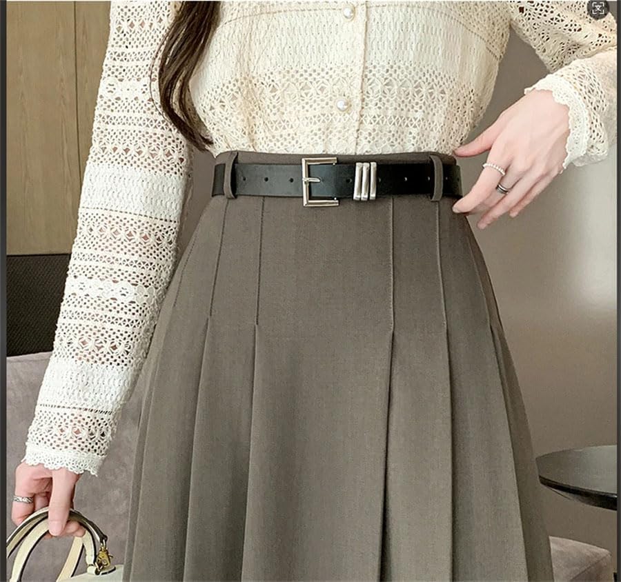 Women's Vintage Pleated Midi Skirt High Waist Solid A Line Loose Office Casual Skirt3
