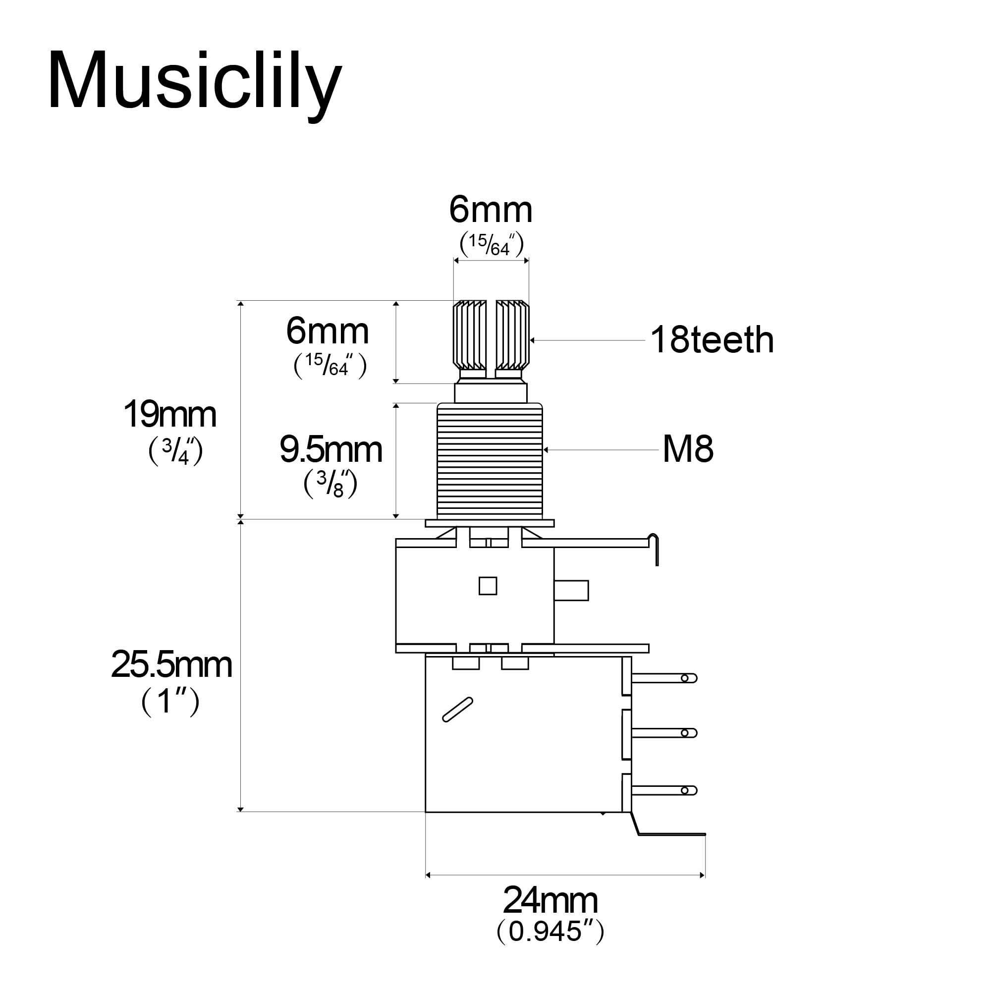 Musiclily Metryczna A500K Potencjometr Push-Pull Gitarow Audio Poti do Gitary Elektrycznej Basowej(2 szt.) | 18 zębów, logarytmiczne, split shaft poti, do gitary elektrycznej basowej