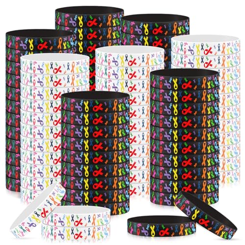 Soulchen 100 Pcs Cancer Awareness Silicone Bracelets Bulk All Cancer Prevention and Multiple Awareness Ribbons Wristbands for Patients Family Friend Gifts Marathon Events Supplies