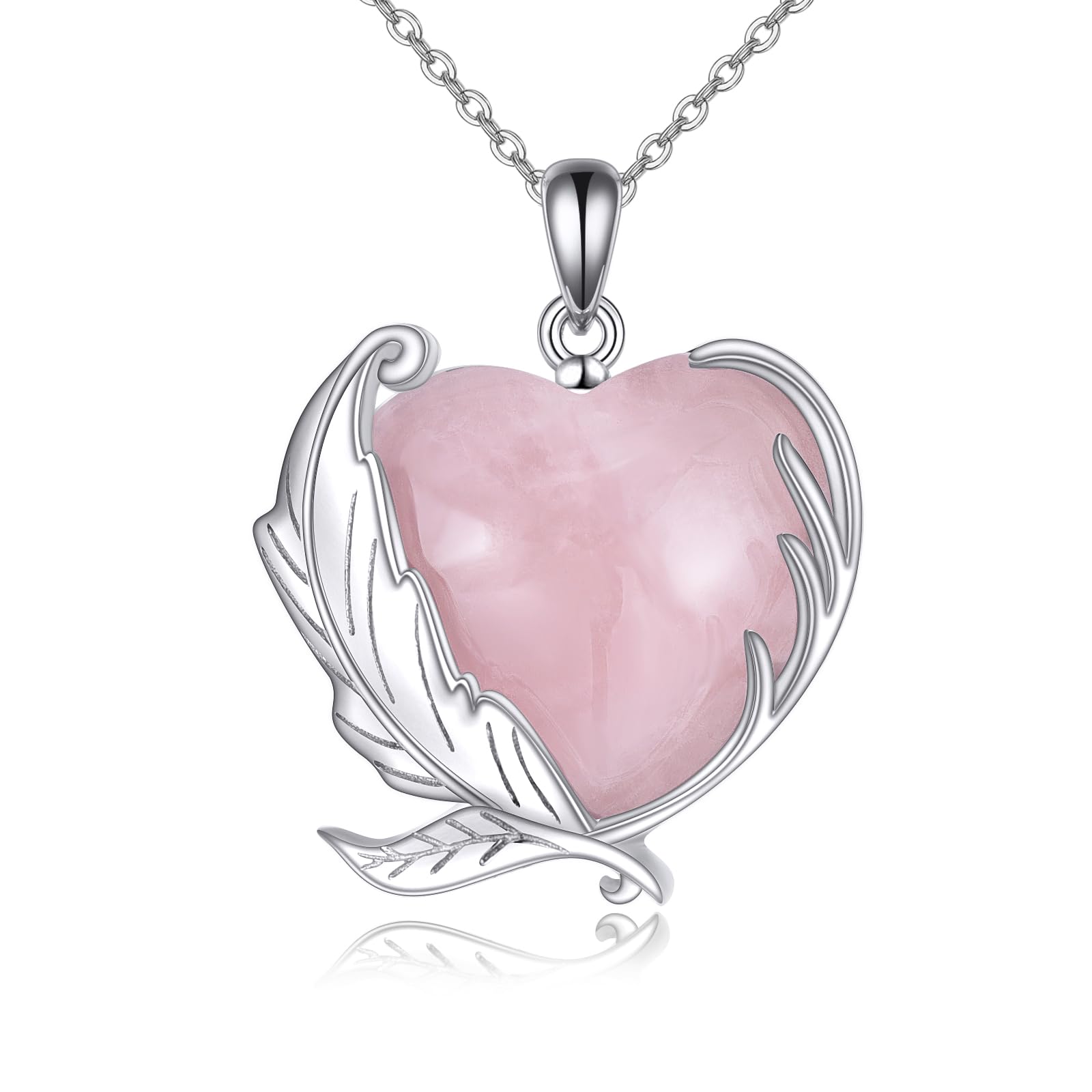YFN Feder Kette Sterling Silber Rosenquarz Herz Anhänger Halskette Federschmuck für Frauen Mädchen Feder Geschenke