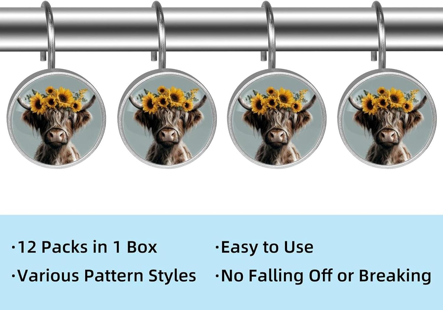 Highland Cow Sunflowers (2) Crystal Glass Shower Curtain Hooks Rings Decorative Bathroom Decor - Set of 12