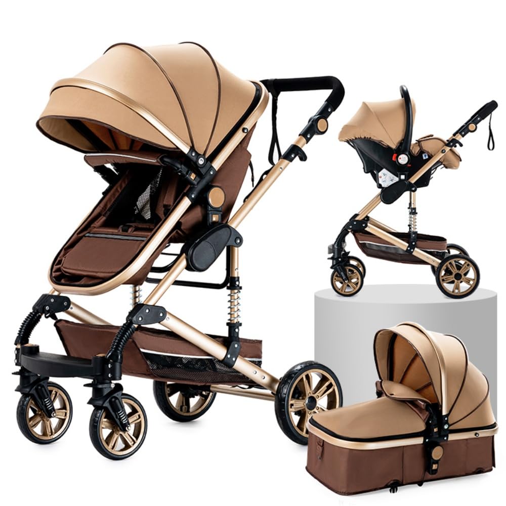 3 in 1 umkehrbarer Kinderwagen,Federung der vorderen Räder,kompakte Einhandfaltung für einfaches Lagern(Khaki)