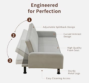 Futon Sofa Bed, 78 Convertible Fabric Futon Couch Bed, Folding Sleeper Recliner with Curved Armrest, Loveseat Sleeper Sofa for Living Room Furniture(Light Gray)