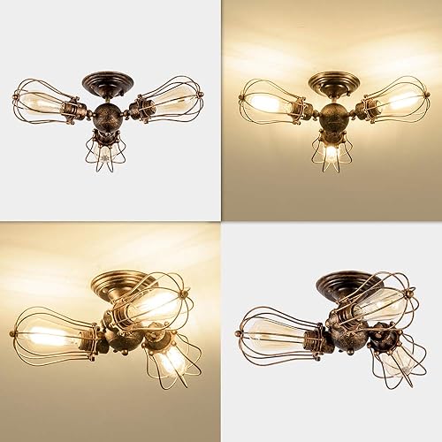 Miniatura 7 de Luling Lámpara de techo vintage industrial, enchufe ajustable, lámpara de jaula de alambre de metal, montaje semiempotrado, lámpara de techo rústica