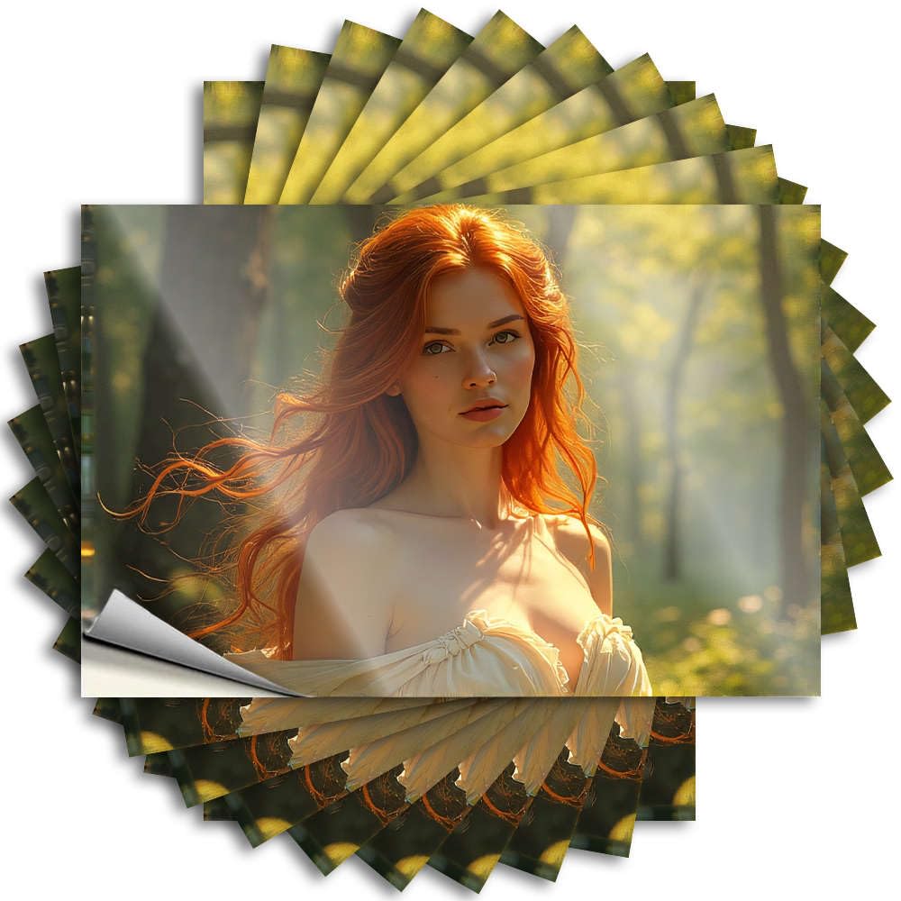 Tattoos Door Unique A Woman with Long Red Hair Stands in A Sunlit Forest. for Christmas - Patio Decorations Easy Peel Removable(6X9CM)