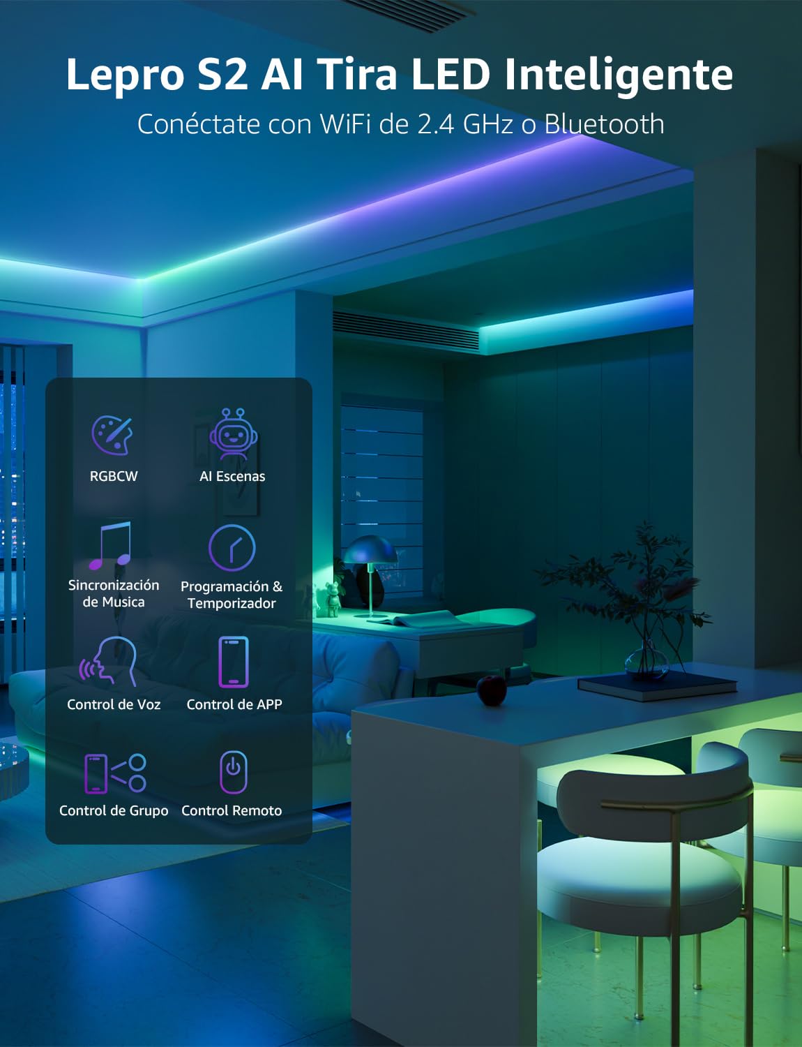 Lepro S2 AI Tira LED 10M RGB, Fonciona con Alexa y Google Assistant, Control de WiFi y Bluetooth y Segmentado, Diseñador de Iluminación AI Personalizado, Sincronización Música, Luz para Fiesta, Gaming
