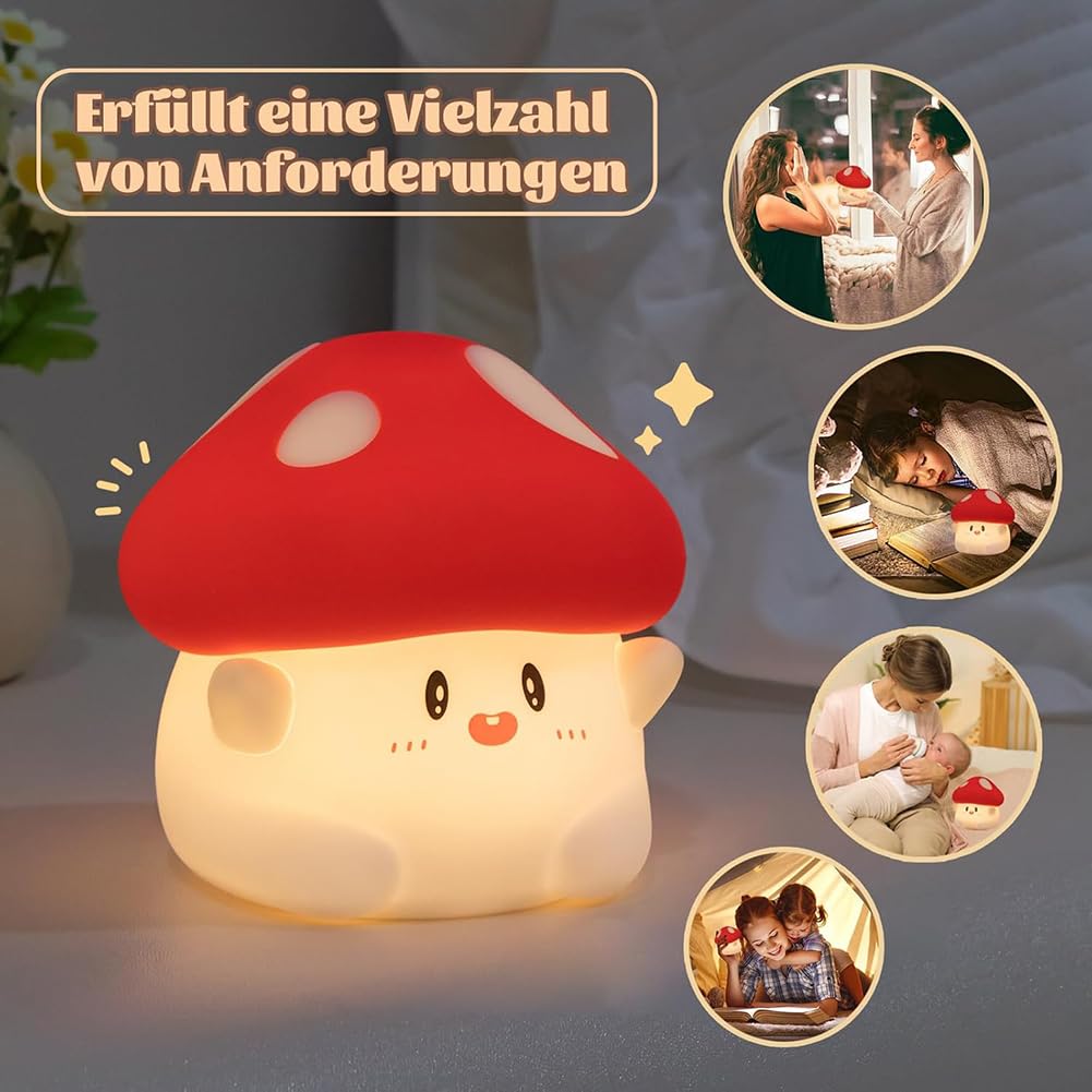 Lámpara de noche de hongo, funciona con pilas, carga USB, luz de mesa de silicona regulable con función de temporizador para niños