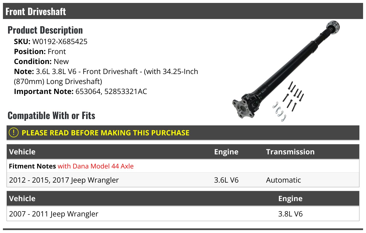 Amazon.com: Front Driveshaft - Compatible with 2007-2015, 2017