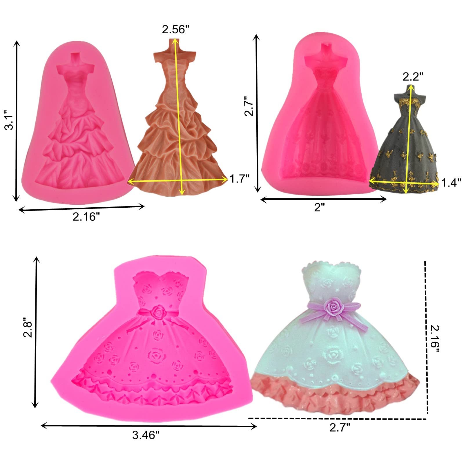 3Pcs Wedding Dress Skirt Silicone Molds for Wedding Sugarcraft Cake Decoration, Fondant, Chocolate, Candy, Biscuit, Cookies,Polymer Clay,Epoxy Resin