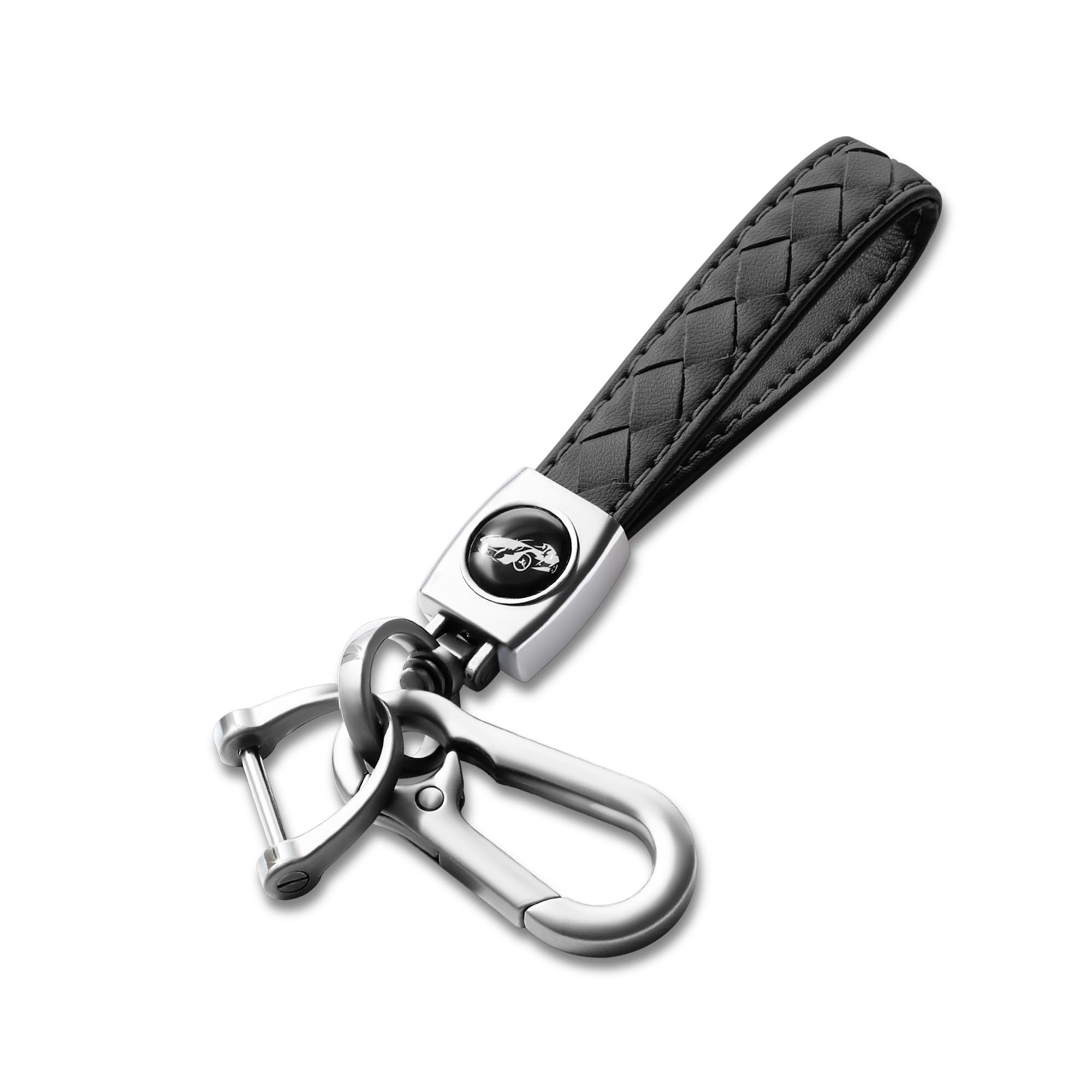 Gkeygo Carabiner Keychain, Universal Heavy Duty Woven Handmade Leather Key Chain, Car Fob Key Keychains with 360 Degree Rotatable Snap Swivel and Anti-Lost D-Ring for Men and Women, Silver - Black