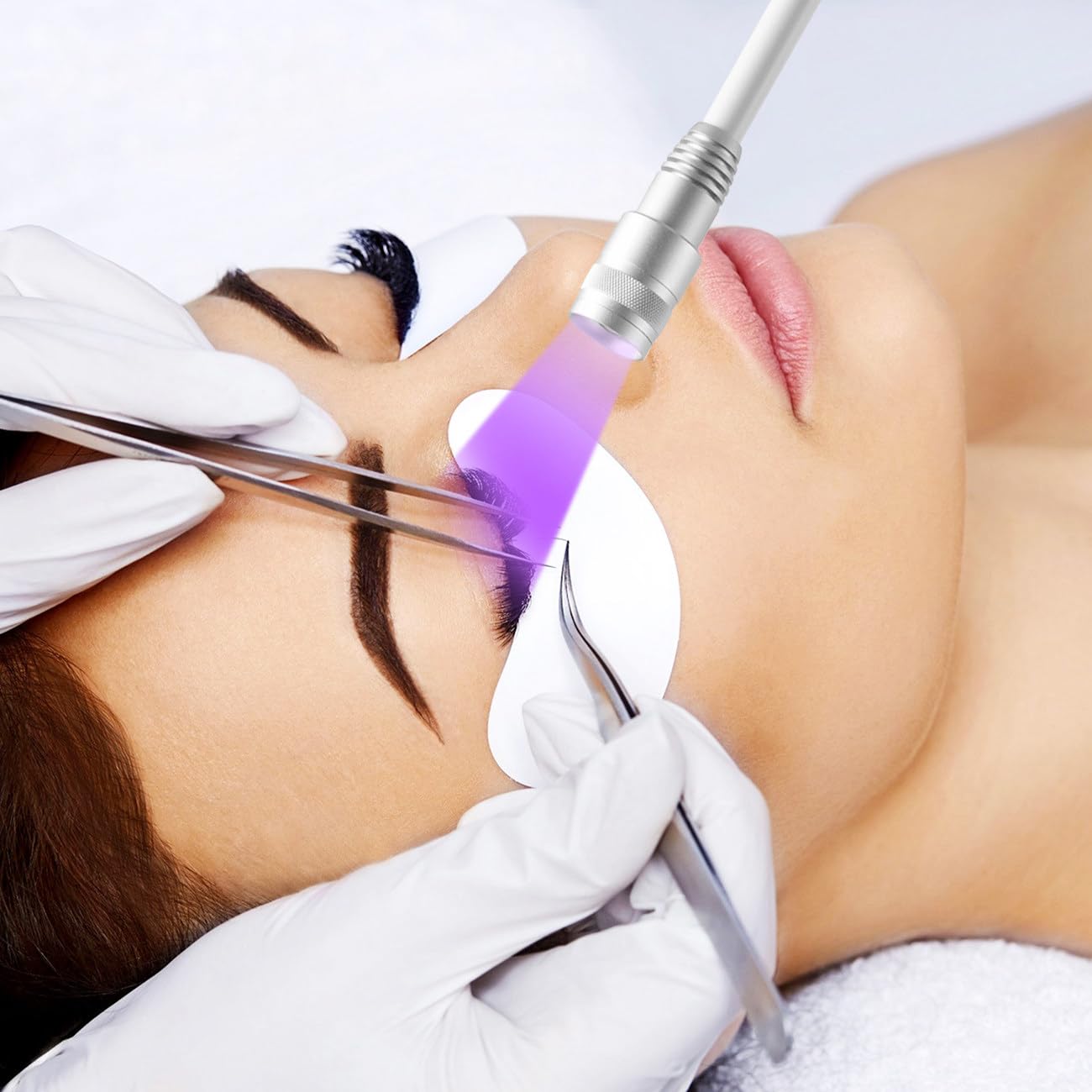 Multifunktionales Wimpernverlängerungs-Härtungslicht, LED-Fülllicht, 1-3 s schnelle Aushärtung, mit UV-Kleber + UV-Brille + Fußschalter, einstellbare Blende, höhenverstellbar