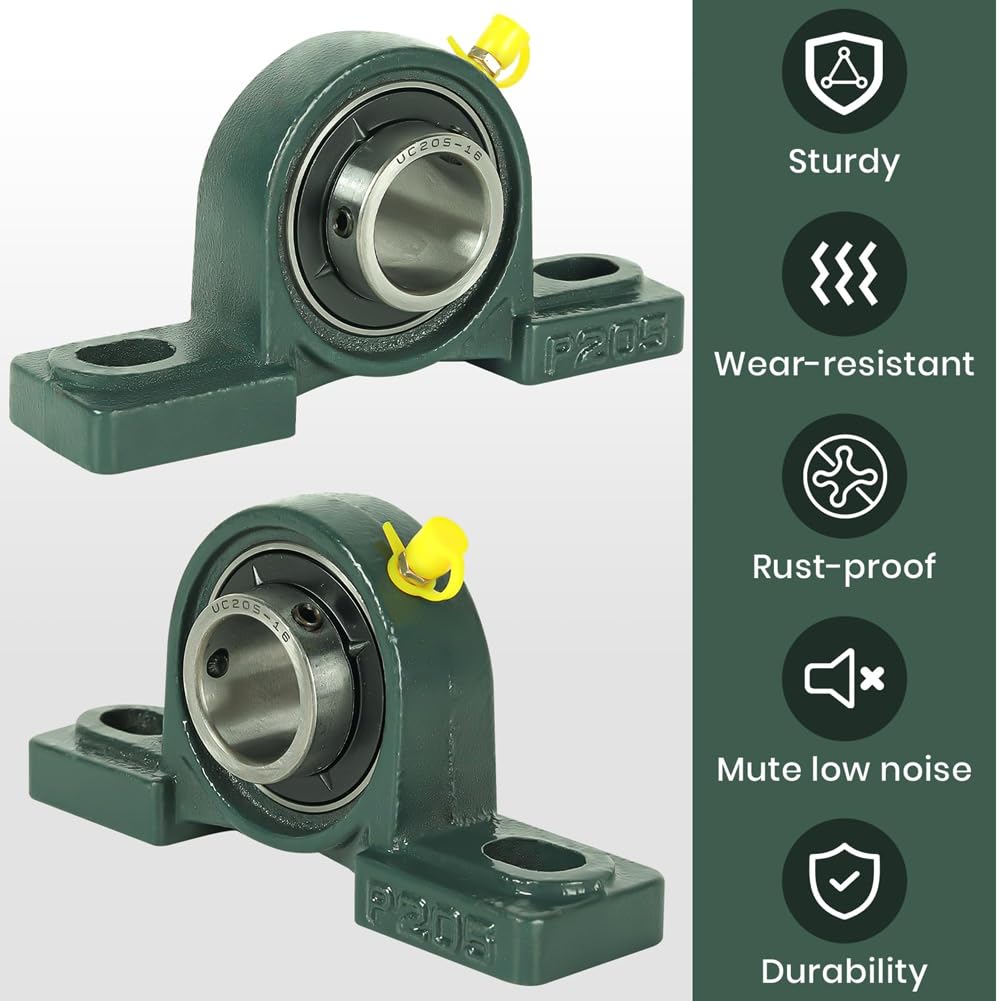 Paquete de 2 Rodamientos de Bolas de Bloque de Almohada Montados UCP205-16 - Rodamientos de Acero para Cojinetes de 1 Pulgada de Diámetro con Base Sólida de Hierro Fundido.