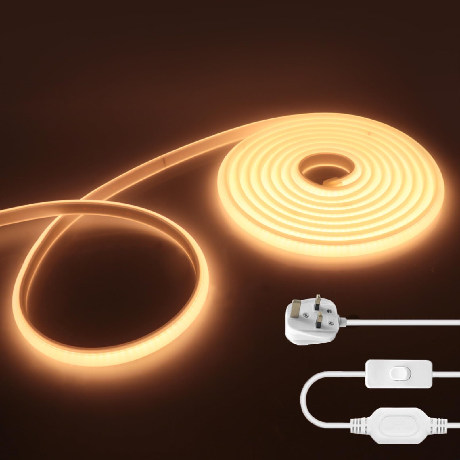 KAFULA 220V COB LED Neon Strip with On/Off Design [18M，Warm White 3000-3500K], IP65 Waterproof Flexible, 288 LEDs/m FCOB LED Strip CRI85+, Cuttable Every 50cm, Home/Store Decorative Lighting — image 1