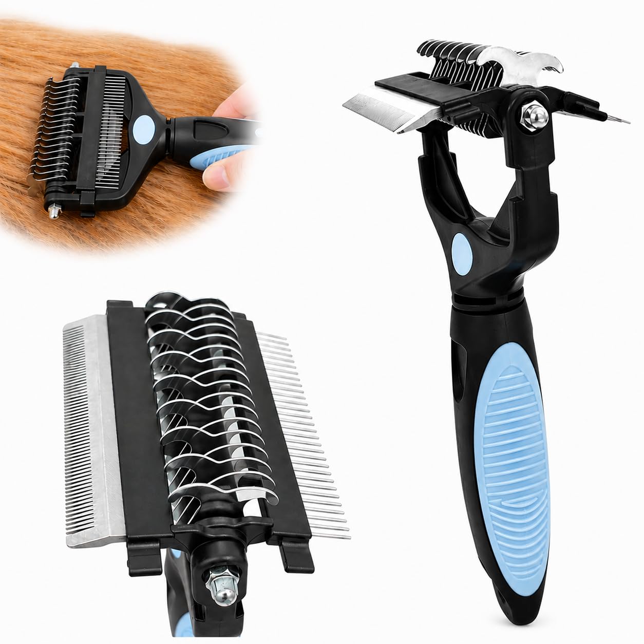 3-in-1 Deshedding, Dematting & Detangling Pet Tool, Cat Brush Dog Brush for Grooming for Short, Long, Medium Haired Pets - Removes Knots, Loose Fur, Mats,Undercoat Rake Dog Cat (Blue)