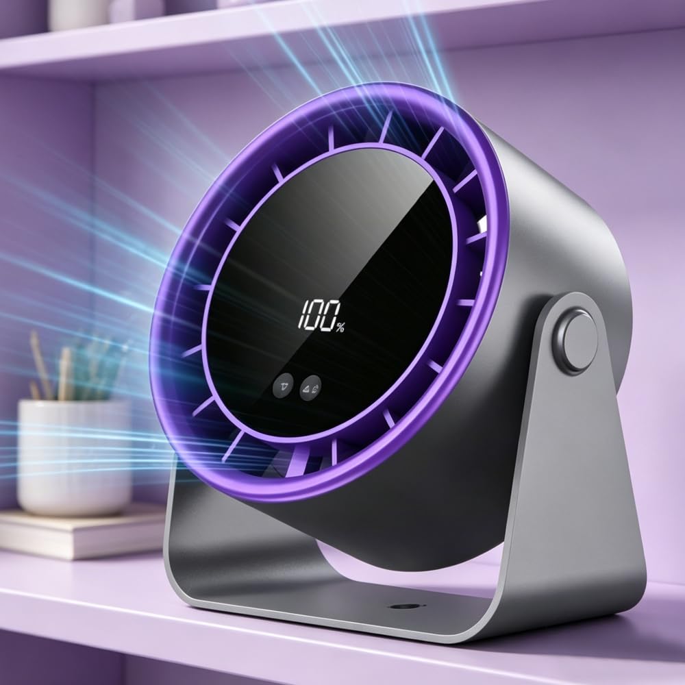 Nzkeuf Desk Fan, USB Rechargeable Desktop Fan with LED Digital Display, 100 Speeds 90° Tilt Hangable Quiet Portable Table Fans for Bedroom, Office, Dorm, Kitchen, Home, Camping (Purple grey)