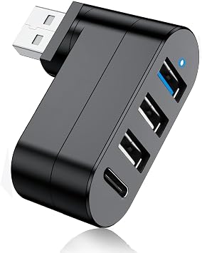 USB 3.0 Hub [90/180 Degree Rotatable], 4-Port USB Splitter Extender with 3 USB Ports & 1 USB C Power/Data Port, USB Hub for Laptop, Car, MacBook Pro/Air/Pro