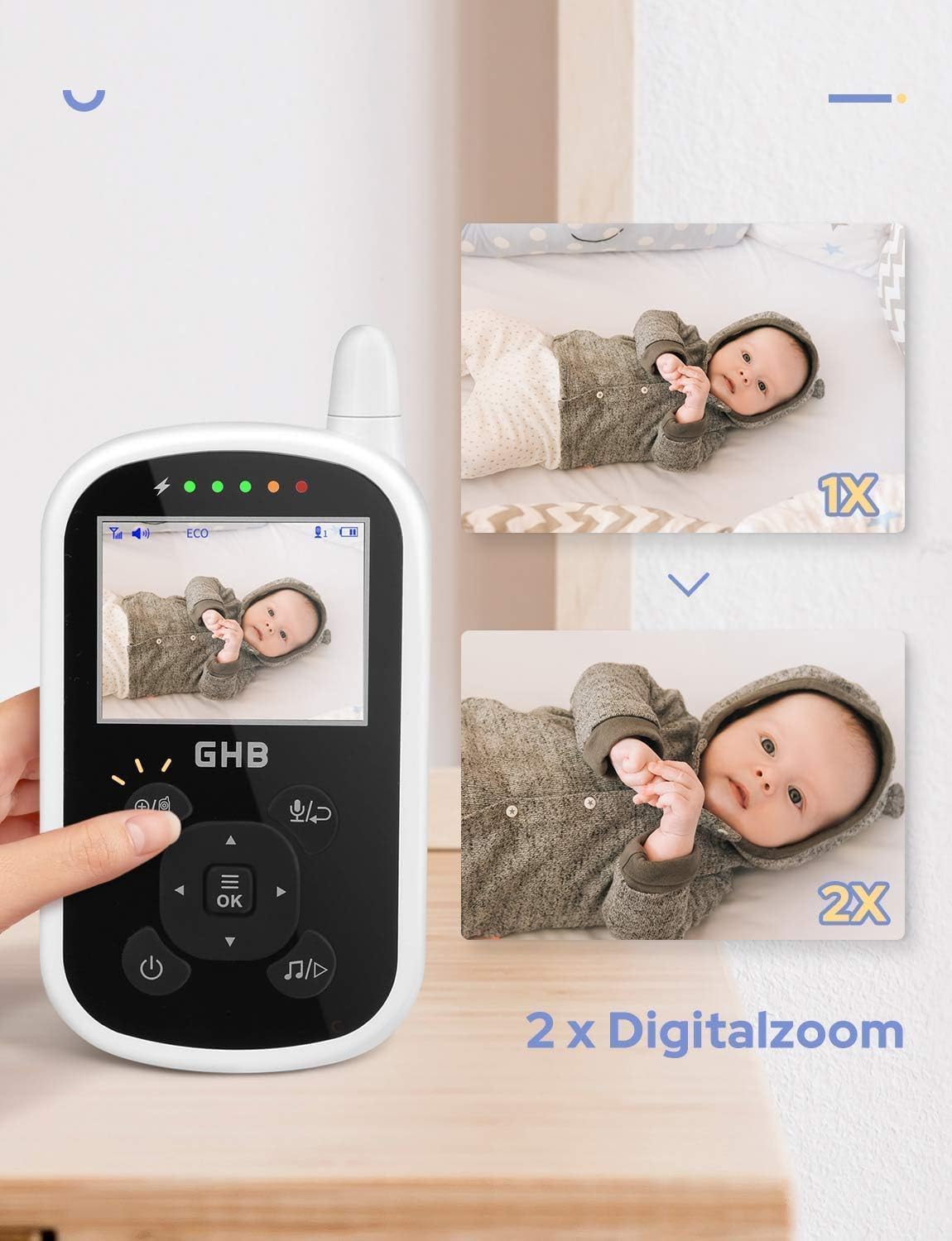 GHB Babyphone mit Kamera Baby Monitor mit ECO Modus Gegensprechen Gegensprechen Lange Akkulaufzeit Nachtsicht usw.