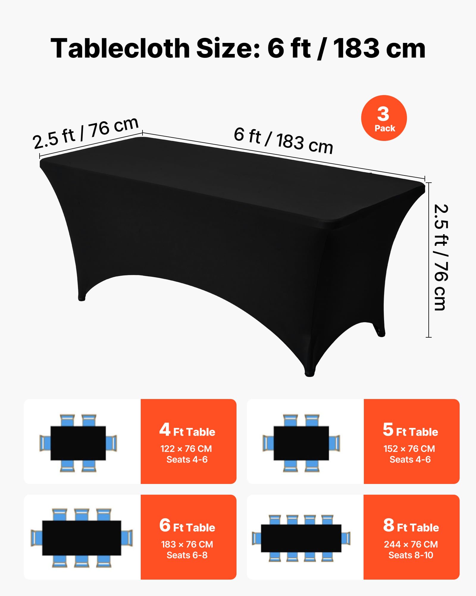VEVOR Nappe Extensible rectangulaire 183 x 76 x 76 cm, Couverture de Table Infroissable en Polyester et élasthanne, Lot de 3, Lavable en Machine, pour fête, Mariage, Cocktail, Banquet, Festival, Noir