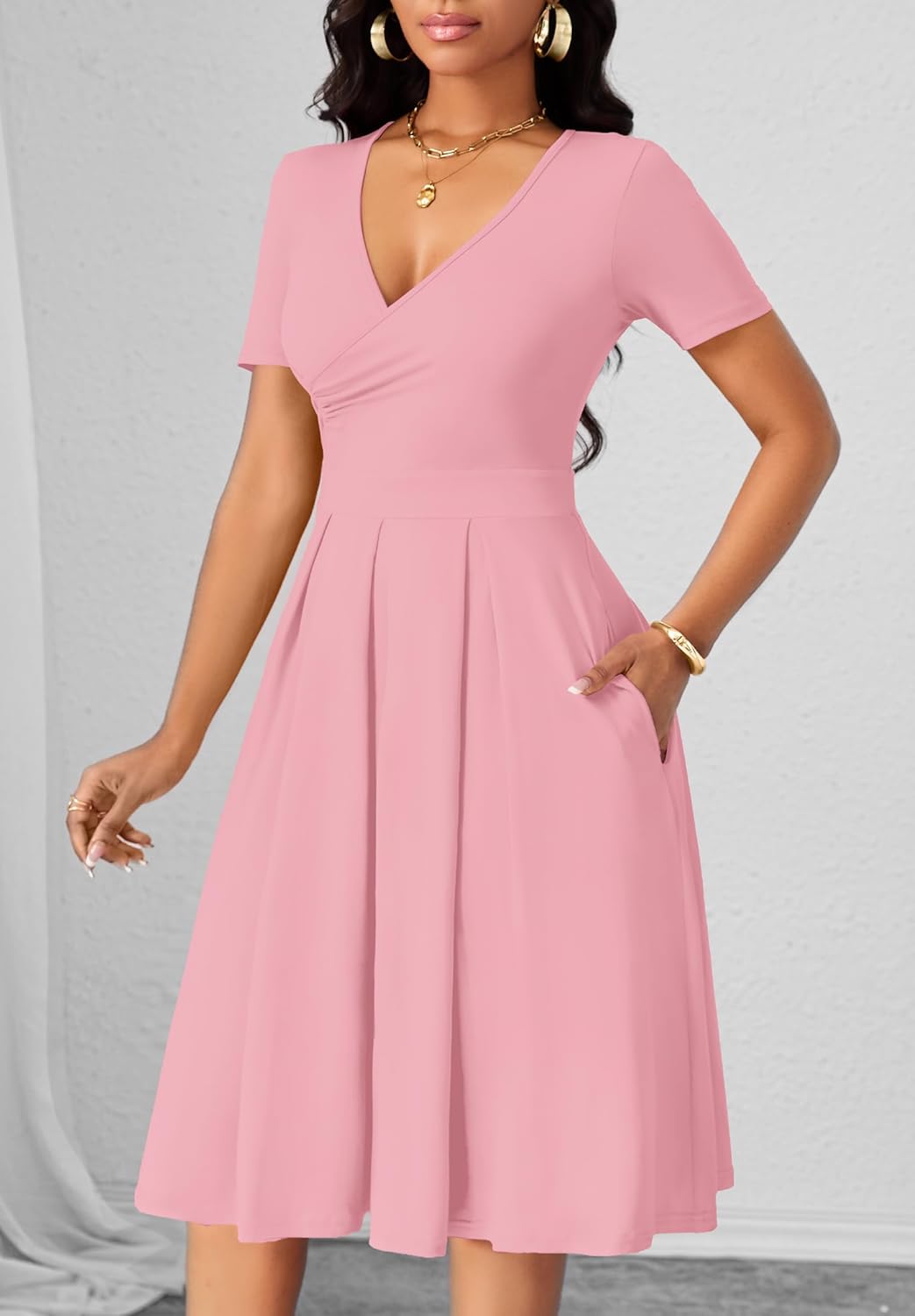 Women's Casual Wrap Dress Wedding Guest Dresses with Pockets Short Sleeve A-Line Swing V-Neck Pleated Dresses - Image 2