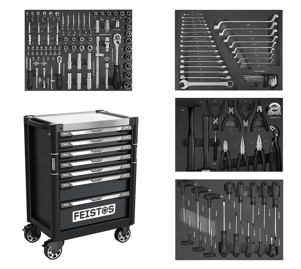 Werkzeugwagen Mento 3 | Werkstattwagen bestückt mit 158 Teilen | Schwarz | 73x48x97 cm | Modular & abschließbar