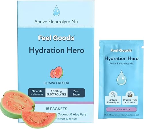 Feel Goods Hydration Hero - 1,000 mg de electrolitos en polvo, sin azúcar, frutas orgánicas, oligominerales y vitaminas, paquetes de hidratación,