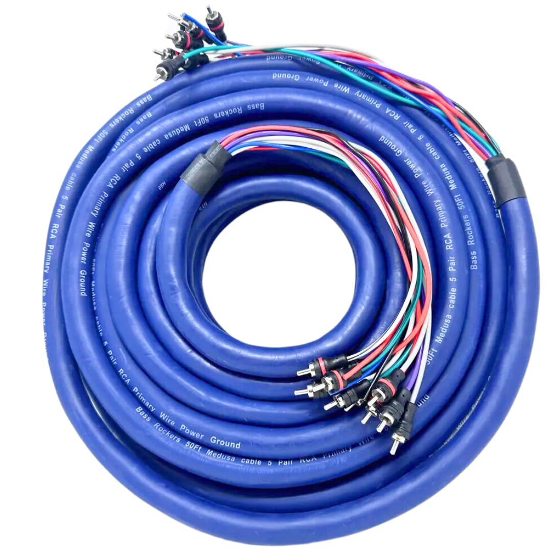 Bass Rockers Cavo BRmedusa50 resistente da 15 metri con 5 paia di cavi RCA, cavo di alimentazione a serpentina di messa a terra per estensione radio box