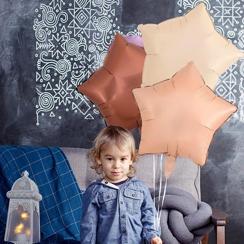 Image of Atpata Funky Boho Theme Foil Balloons - White Sand, Nude Cream, Tan Brown Caramel Shades - Stars and Hearts Shape - for Weddings, Birthdays, Baby Showers, and Party Decorations (9pcs, Stars)