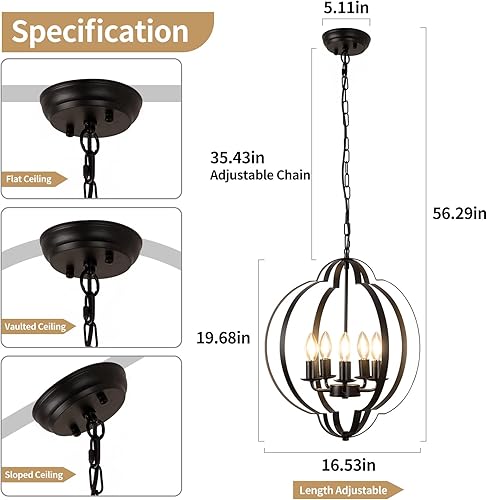 Miniatura 5 de DLLT - Lámpara de araña negra de 5 luces, lámpara de comedor de 16.53 pulgadas sobre mesa, lámpara ajustable de cobre para entrada, sala de estar,