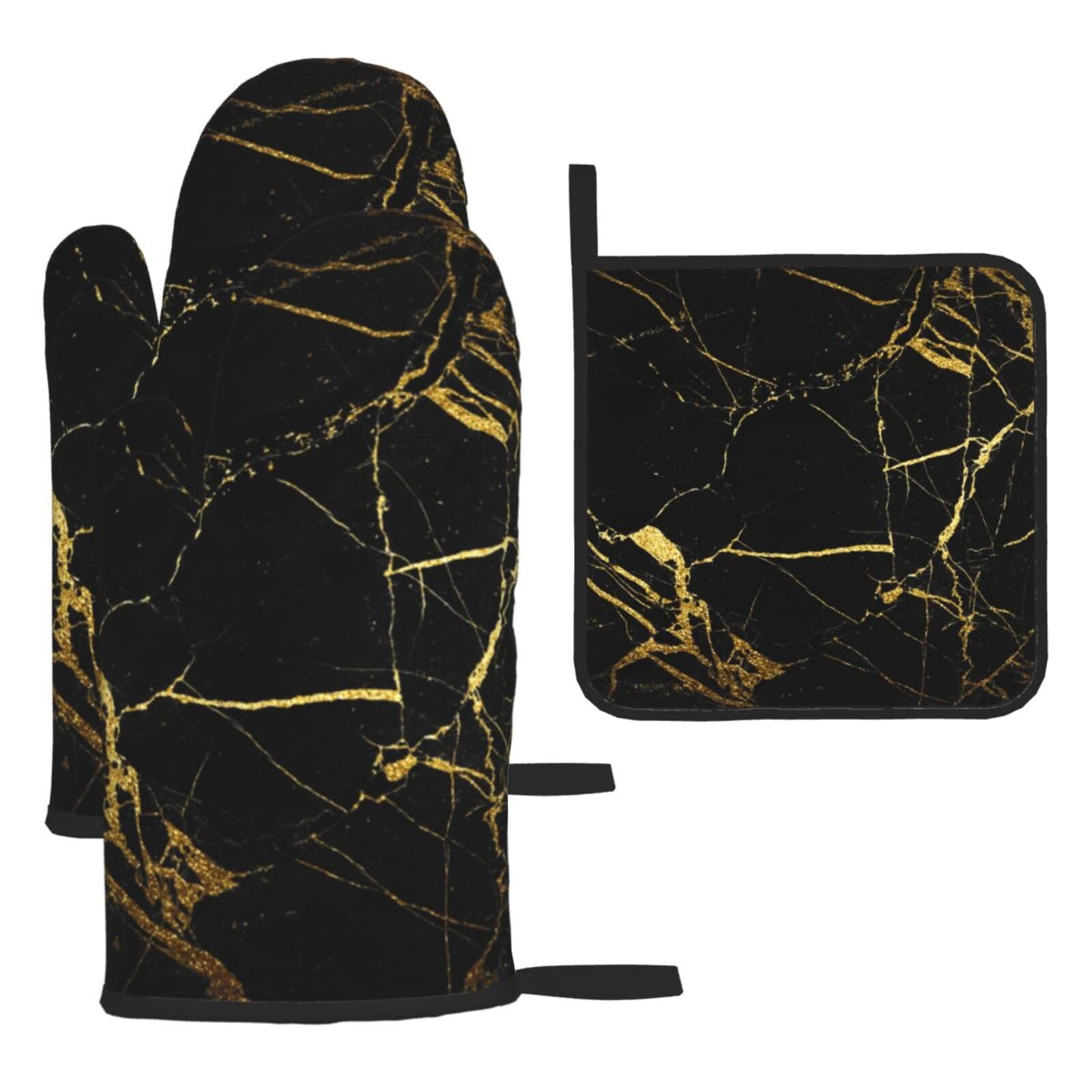 Black And Gold Background Print Oven Set Kitchen Gloves Baking Grilling Microwaving Cooking Gift Everyday Holiday