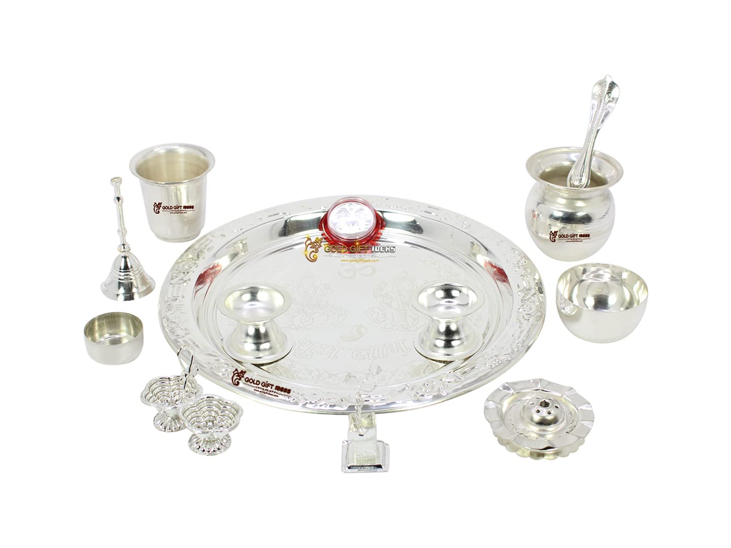 GoldGiftIdeas 10 Inch Subh Sarovar Silver Plated Pooja Thali Set, Pooja Thali Decorative, Pooja Articles for Temple, Housewarming Gift