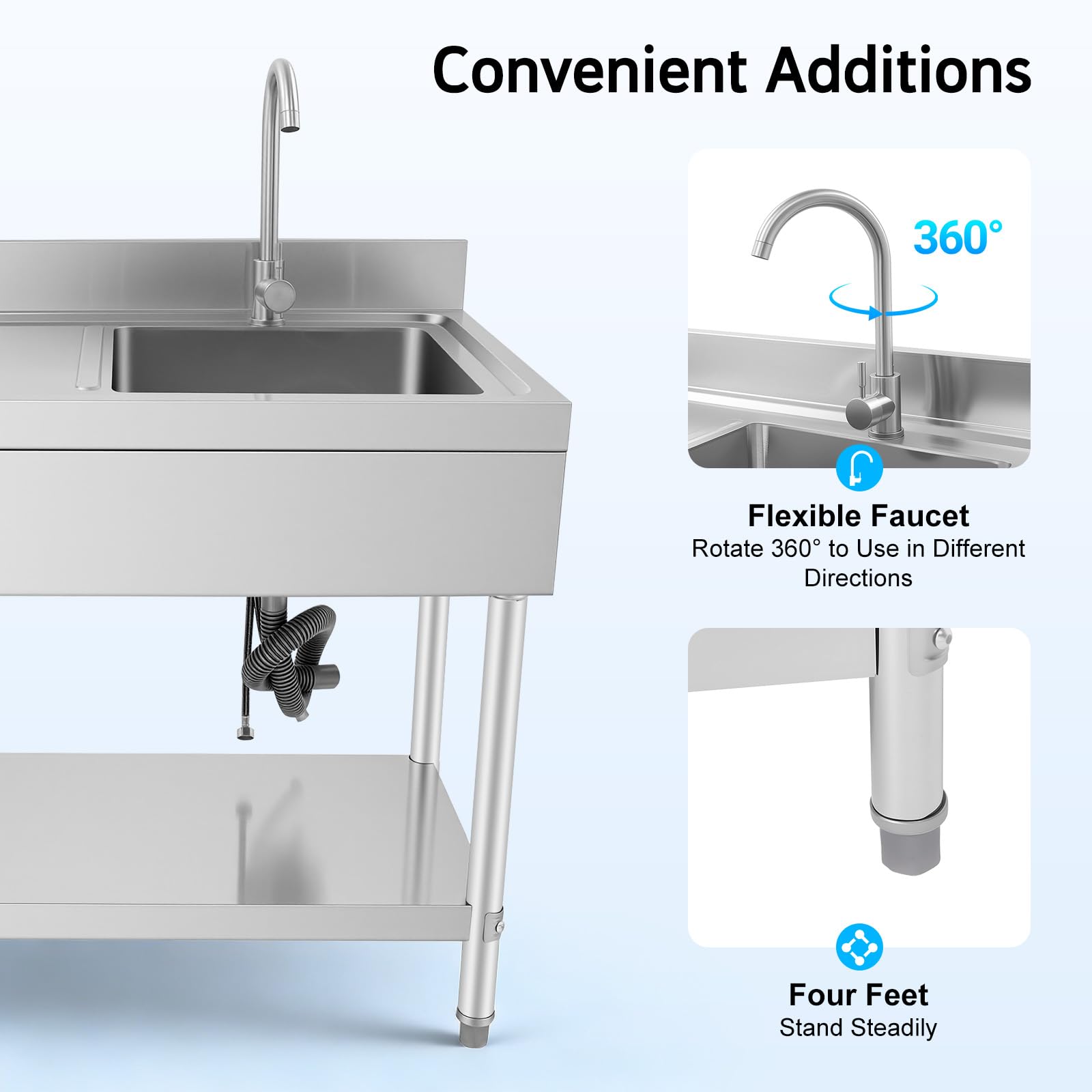 Lavelli da cucina commerciali 100 x 60 x 80 cm, in acciaio inox con capacità di carico 300 kg. Lavello in acciaio inox spazzolato con 1 vasca (a destra) con rubinetto, tubo di scarico, filtro per