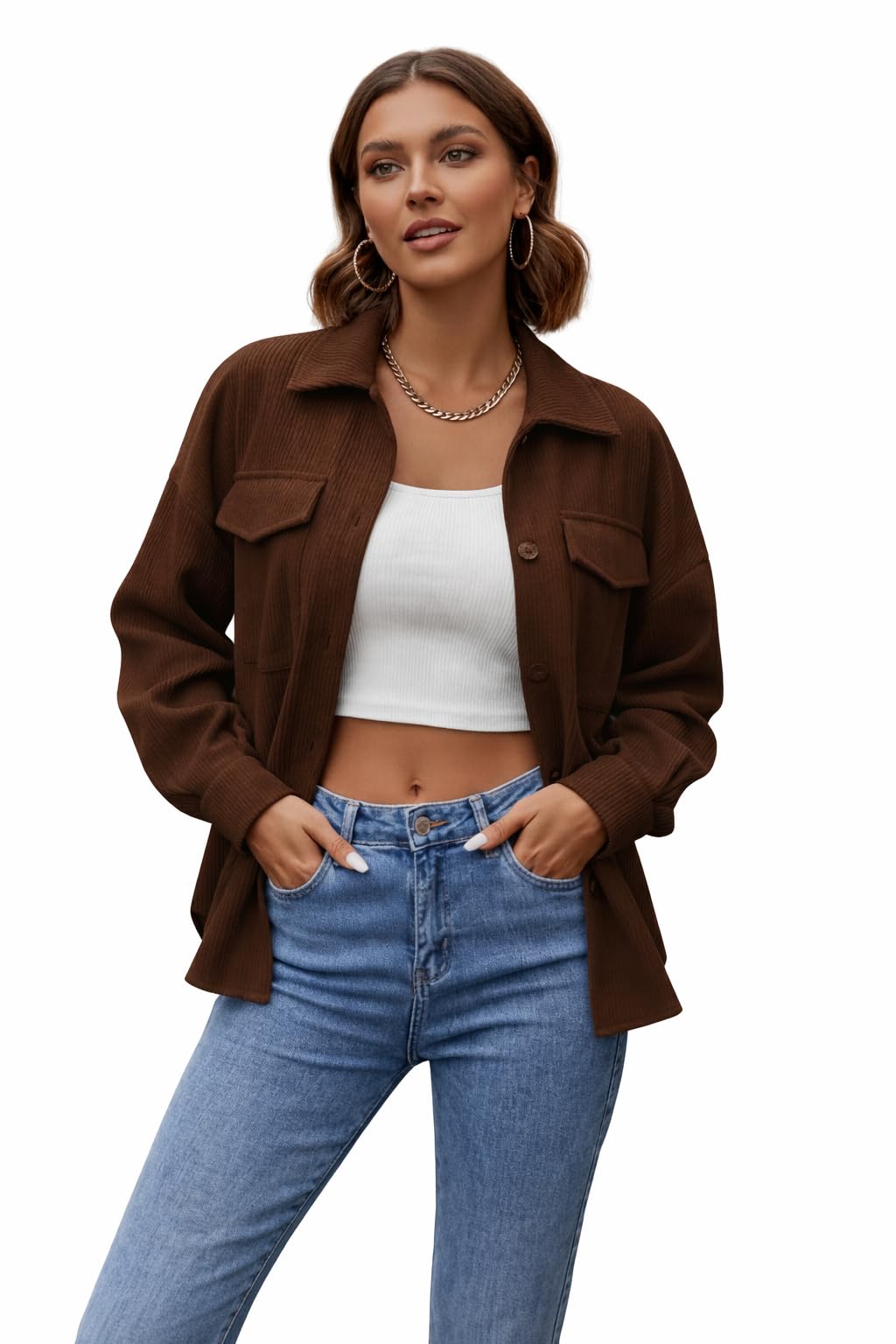 Women Corduroy Shirt Button Down Casual Ribbed Corduroy Shirt for Women Long Sleeve Collared Pocket Top Autumn Winter Fashion Shirt-picture-22