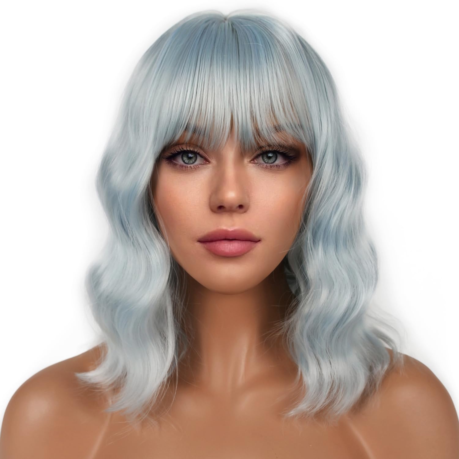 Photo 1 of LANCAINI Short Bob Wigs with Bangs for Women Loose Wavy Wig Curly Wavy Shoulder Length Bob Synthetic Cosplay Wig for Girl Colorful Costume Wigs (Ice Blue)