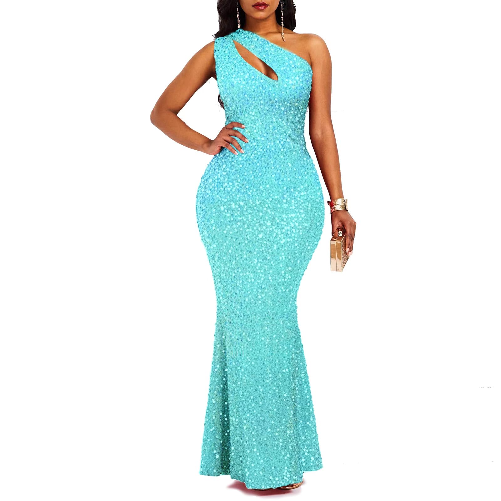 VERWIN Sequins Fashion Sleeveless Oblique Collar Mermaid Women's Maxi Dress Bodycon Dress Party Dress