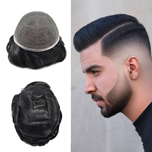 Miniatura 9 de Completo encaje Toupee Cabello humano Línea capilar real para hombre postizos nudos blanqueados pieza de pelo para hombres Toupee Protesis Capilar