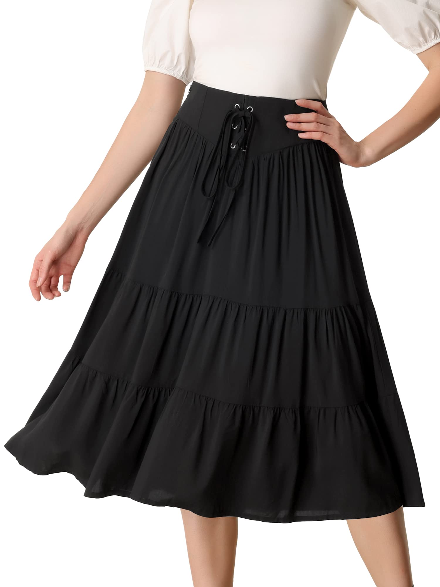 Allegra K Tiered A-Line Skirt for Women's Lace Up Elastic Waist Flare Swing Midi Skirt