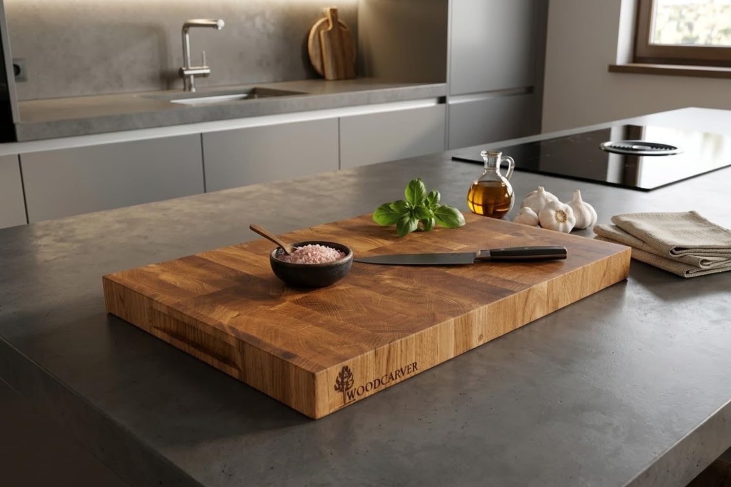 Woodcarver Endgrain Tagliere in rovere 50 x 35 x 4 cm, in legno massiccio, adatto ai coltelli e autorigenerante, realizzato a mano e oliato, extra stabile e durevole