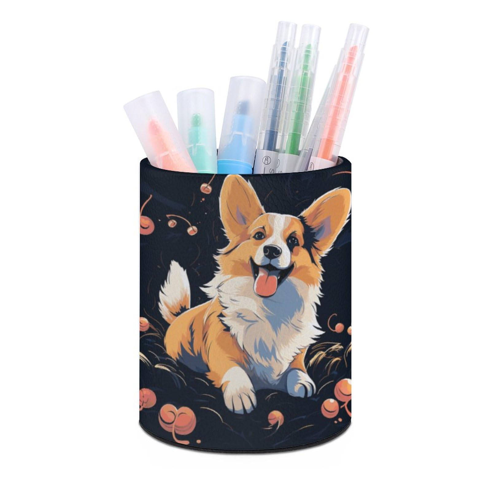 JTREHY Round Pen Holder,Corgi Dog on Dark Background Printed Makeup Brush Storage Box for Home Office Dressing Table