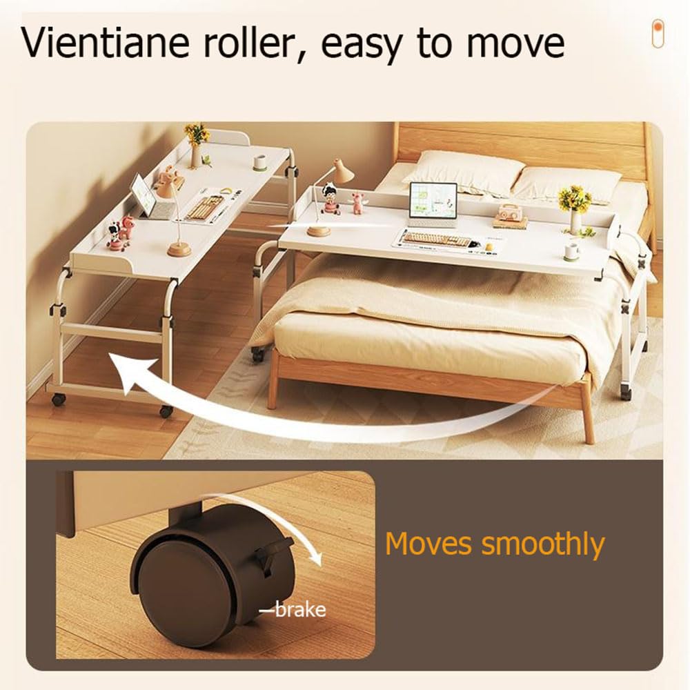 Mesa Auxiliar móvil con Ruedas para Cama, Escritorio de Altura Ajustable para Oficina, Dormitorio o Sala de Estar - Tablero Extensible y Multifuncional, Carrito de Longitud ajustab